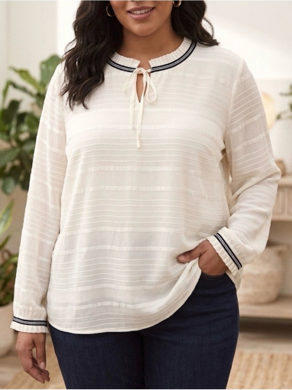 NWOT Talbots Ivory Long Sleeve Blouse Black Trim Ruffle Trim Office Preppy XL